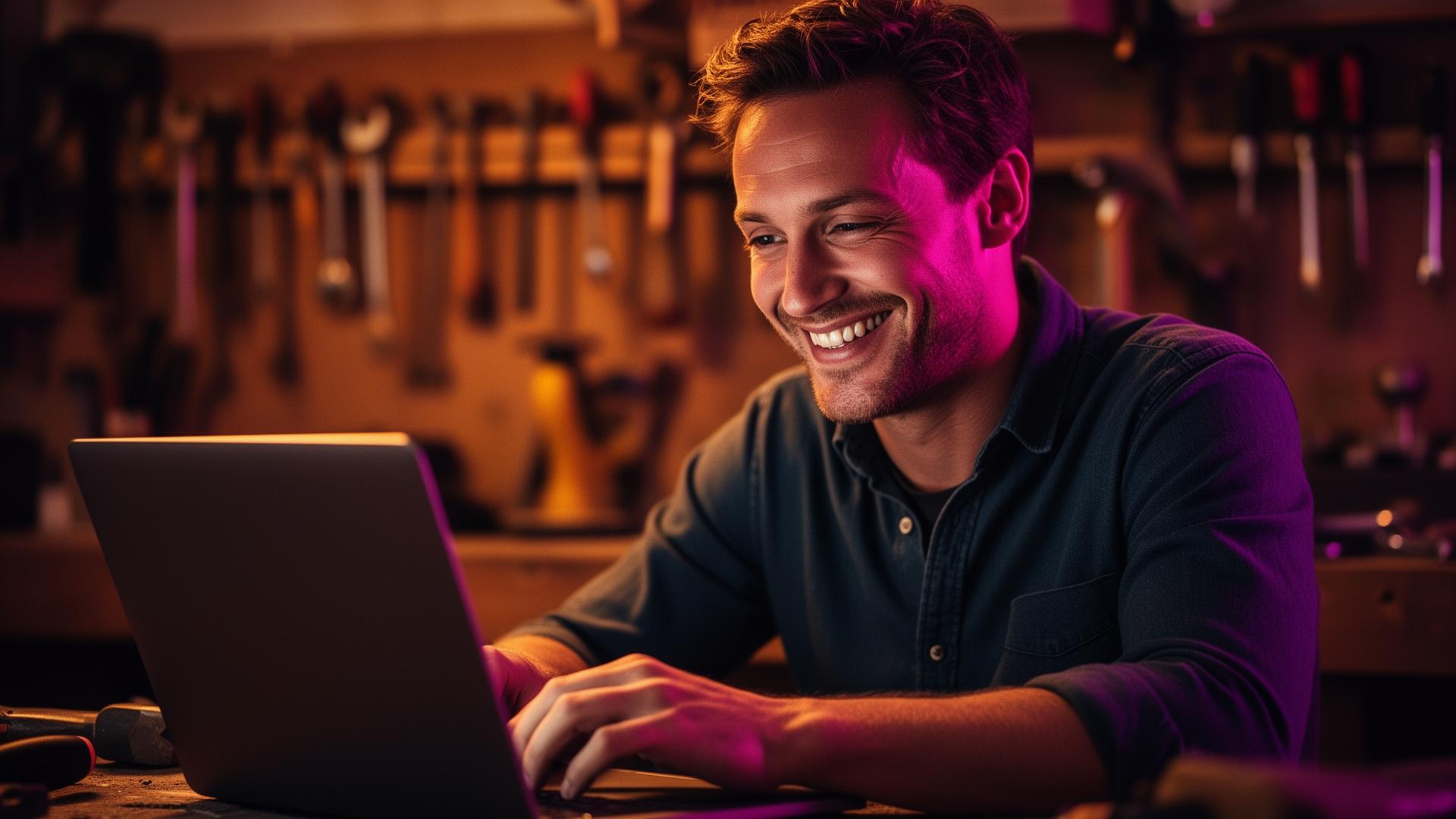 Tevreden MKB-ondernemer achter zijn laptop